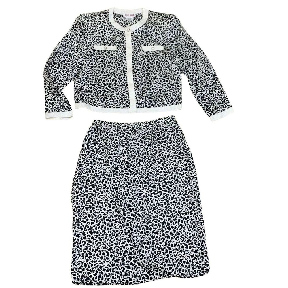 Vtg 90s Maggy London 100% Silk Ivory Black Two Pieces Set suit Midi skirt sz 12